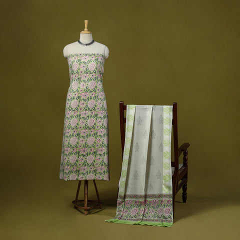 Green - Merino Wool Block Print Sanganeri 3pc Unstitched Dress Material 01