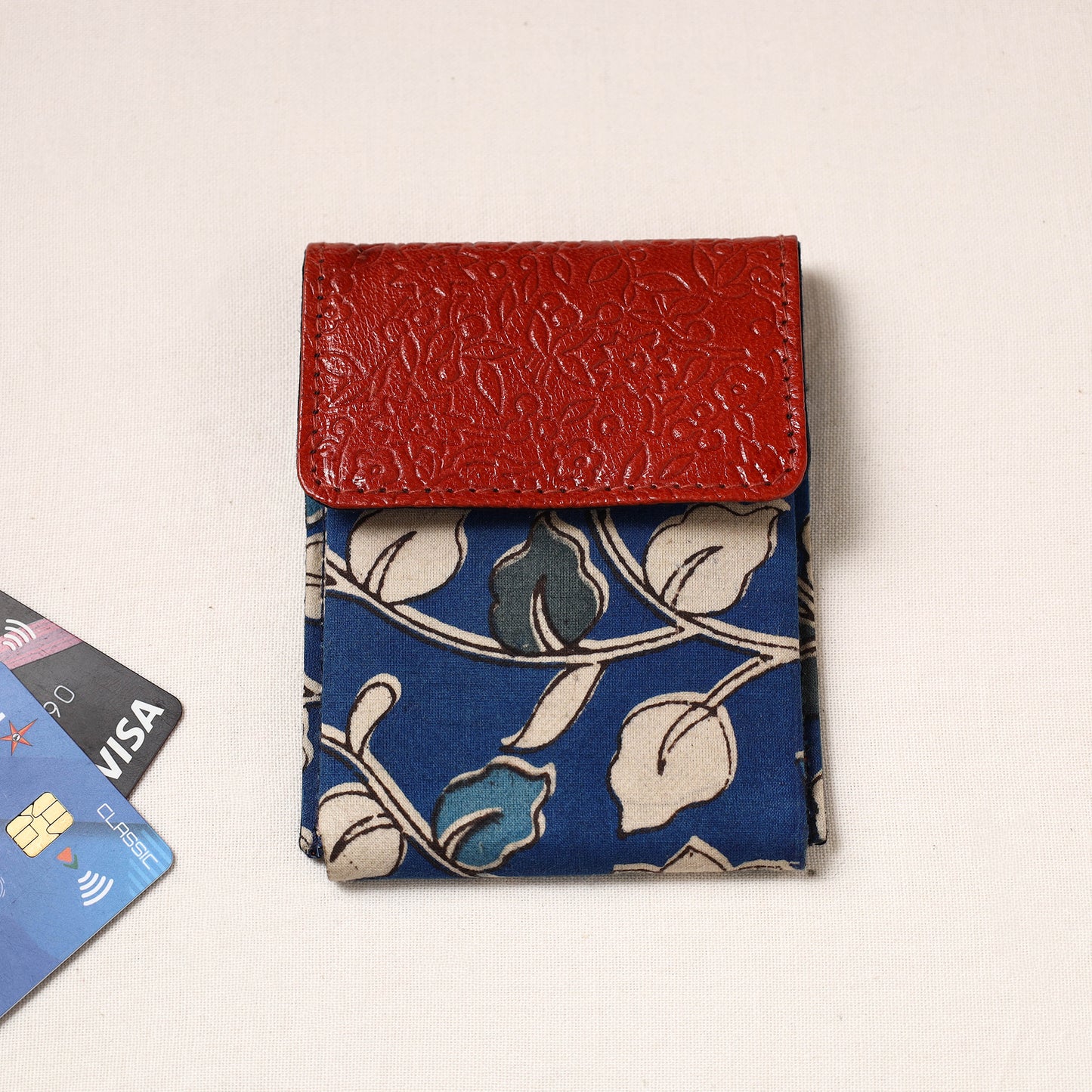 Handcrafted Kalamkari Fabric Card Holder with Embossed Leather Flap