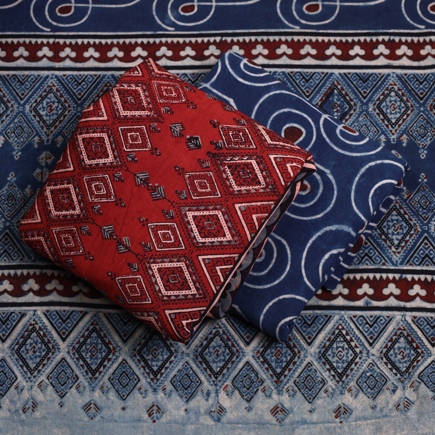 Red - 3pc Ajrakh Block Printed Natural Dyed Cotton Suit Material Set 21