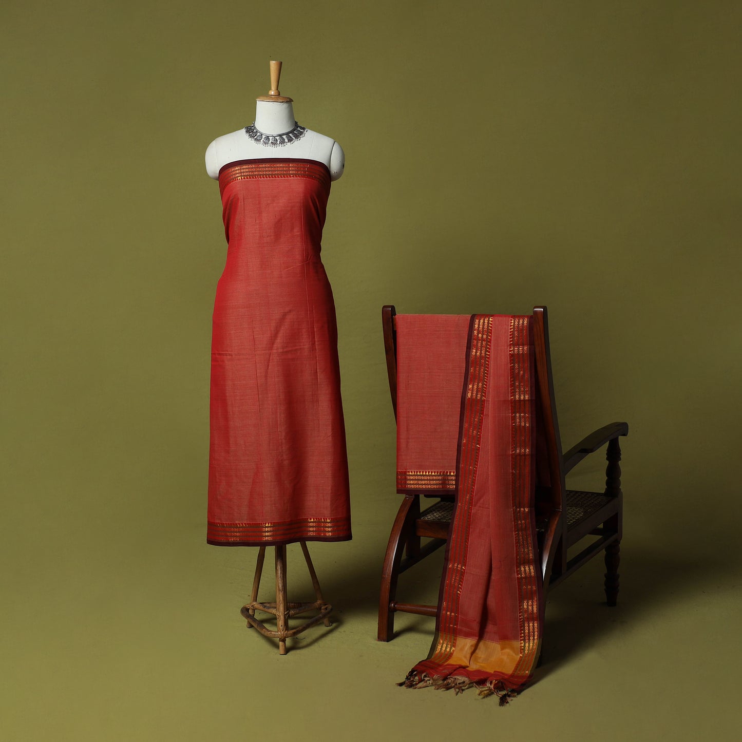 Dharwad Cotton 3pc Unstitched Dress Material Suit Set with Woven Zari Border 34