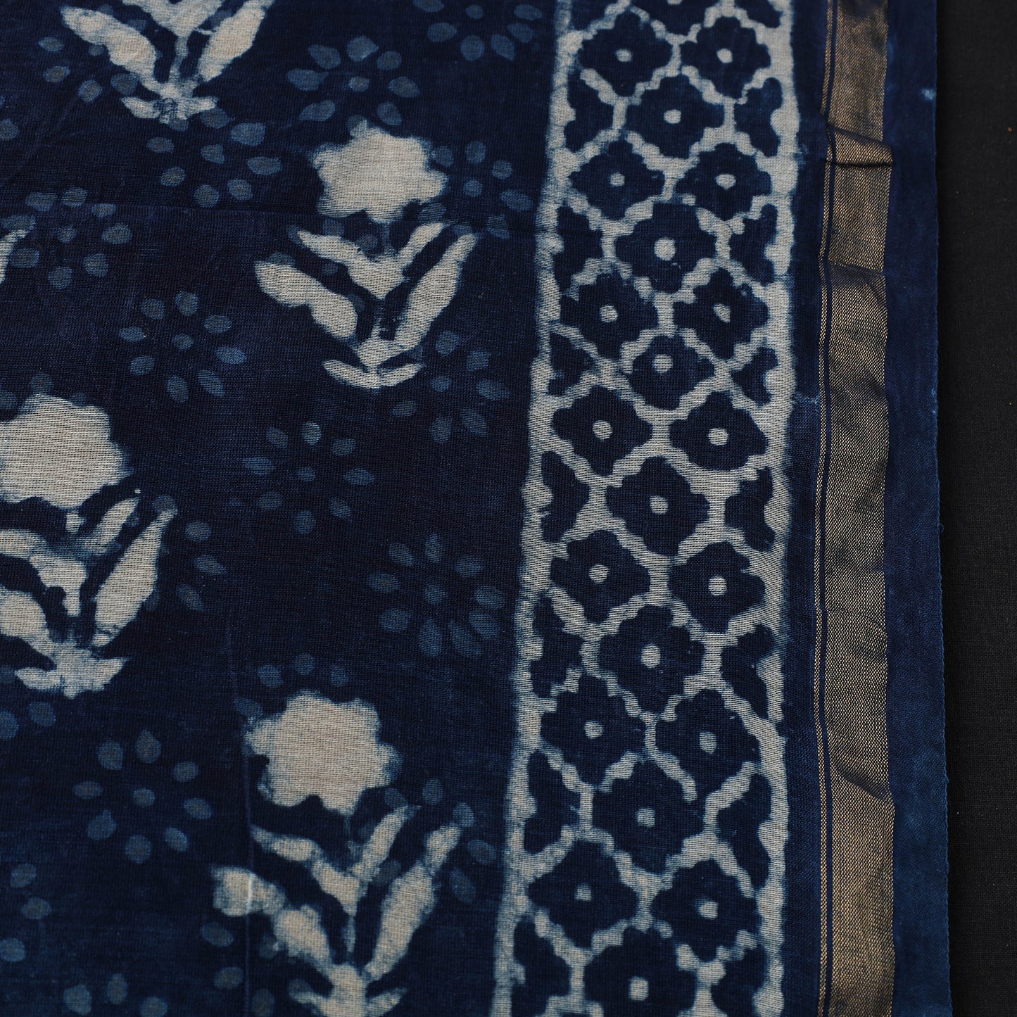 Blue Handloom Chanderi Silk Indigo Bagru Print Fabric