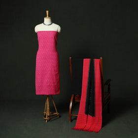 Pink - Pochampally Ikat Cotton 3pc Unstitched Dress Material Suit Set 19