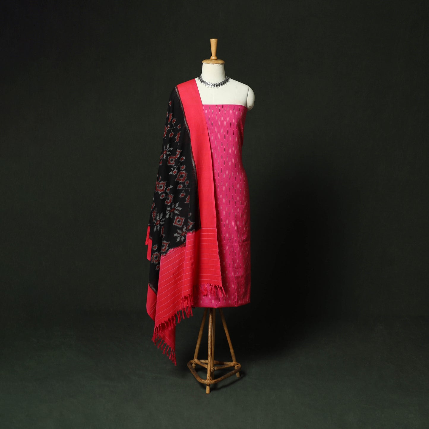Pink - Pochampally Ikat Cotton 3pc Unstitched Dress Material Suit Set 19