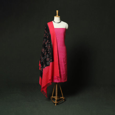 Pink - Pochampally Ikat Cotton 3pc Unstitched Dress Material Suit Set 19