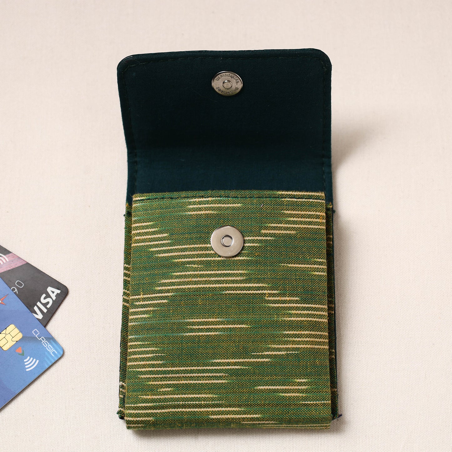 Handcrafted Ikat Fabric Card Holder with Embossed Leather Flap