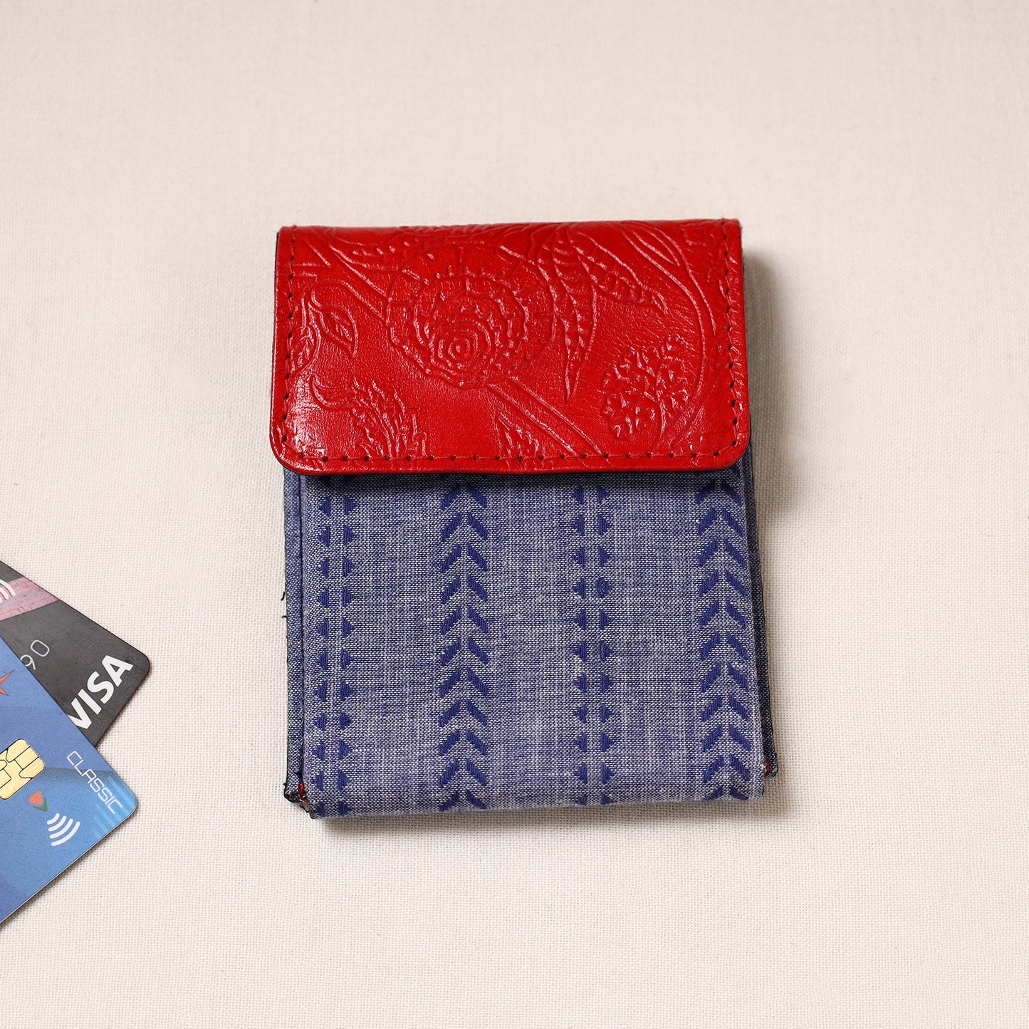 Handcrafted Jacquard Fabric Card Holder with Embossed Leather Flap