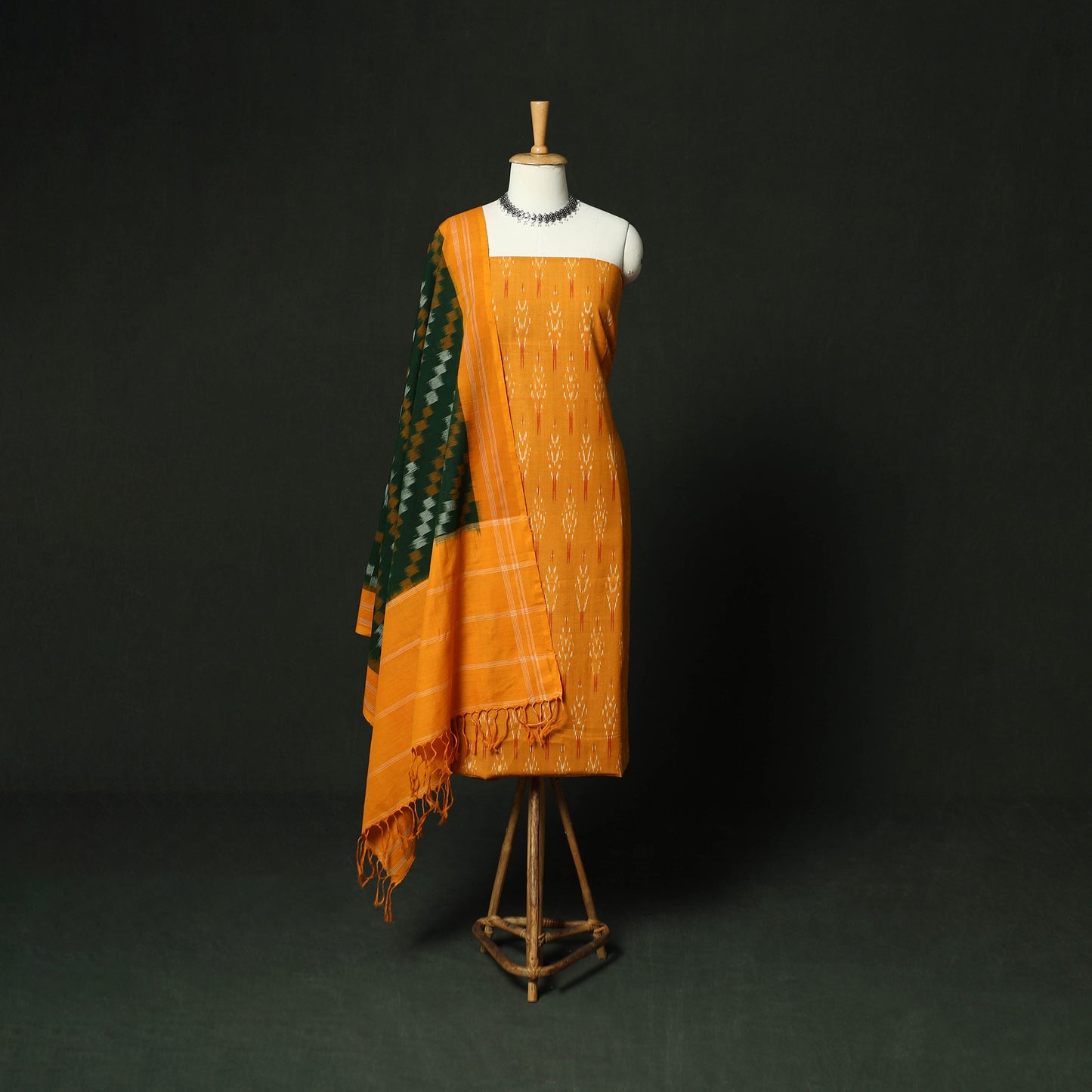 Yellow - Pochampally Ikat Cotton 3pc Unstitched Dress Material Suit Set 21