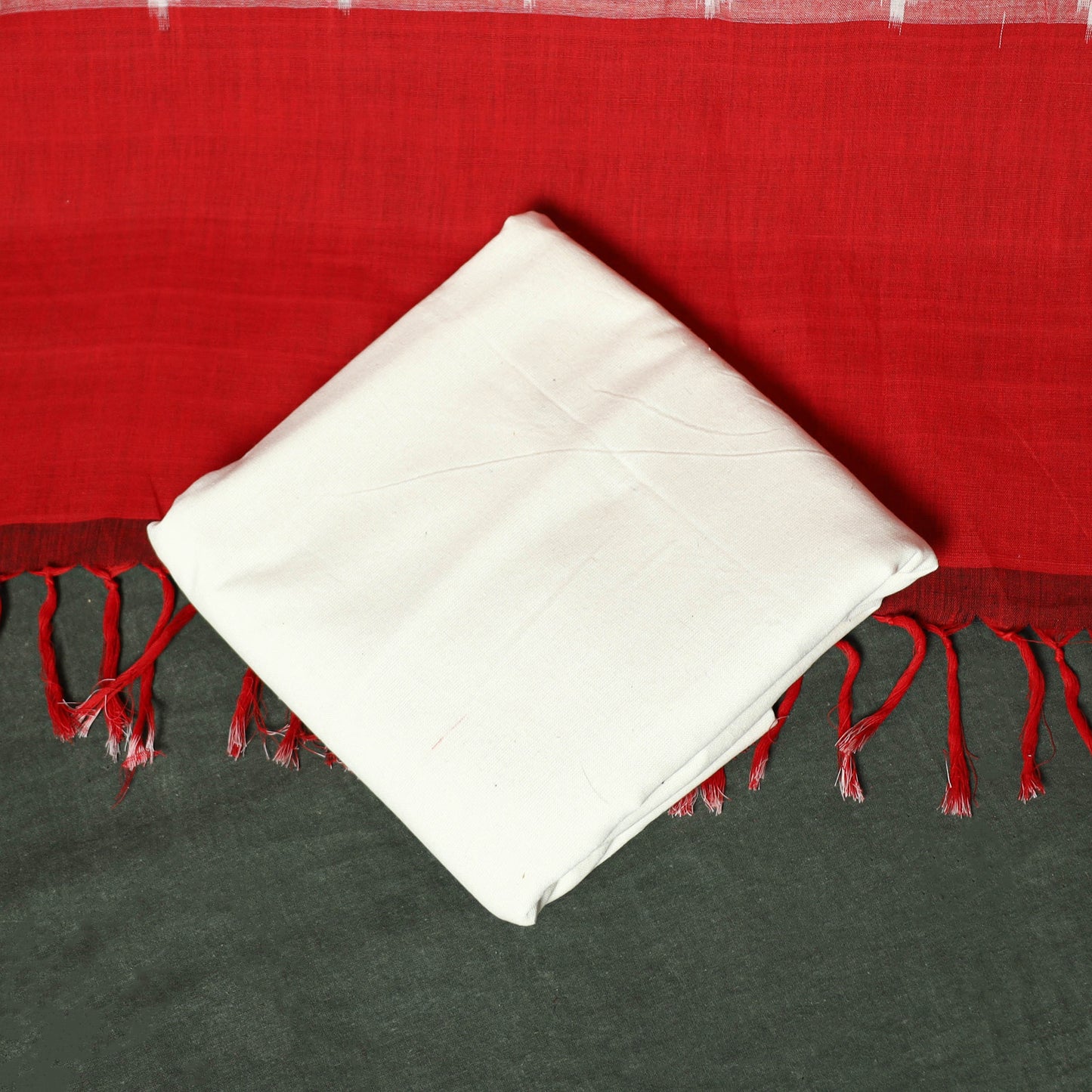 Red - Pochampally Ikat Cotton 3pc Unstitched Dress Material Suit Set 23