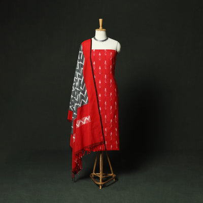 Red - Pochampally Ikat Cotton 3pc Unstitched Dress Material Suit Set 23