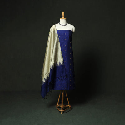 Blue - Mangalagiri Silk Cotton Thread Work 3pc Unstitched Dress Material Suit Set 28