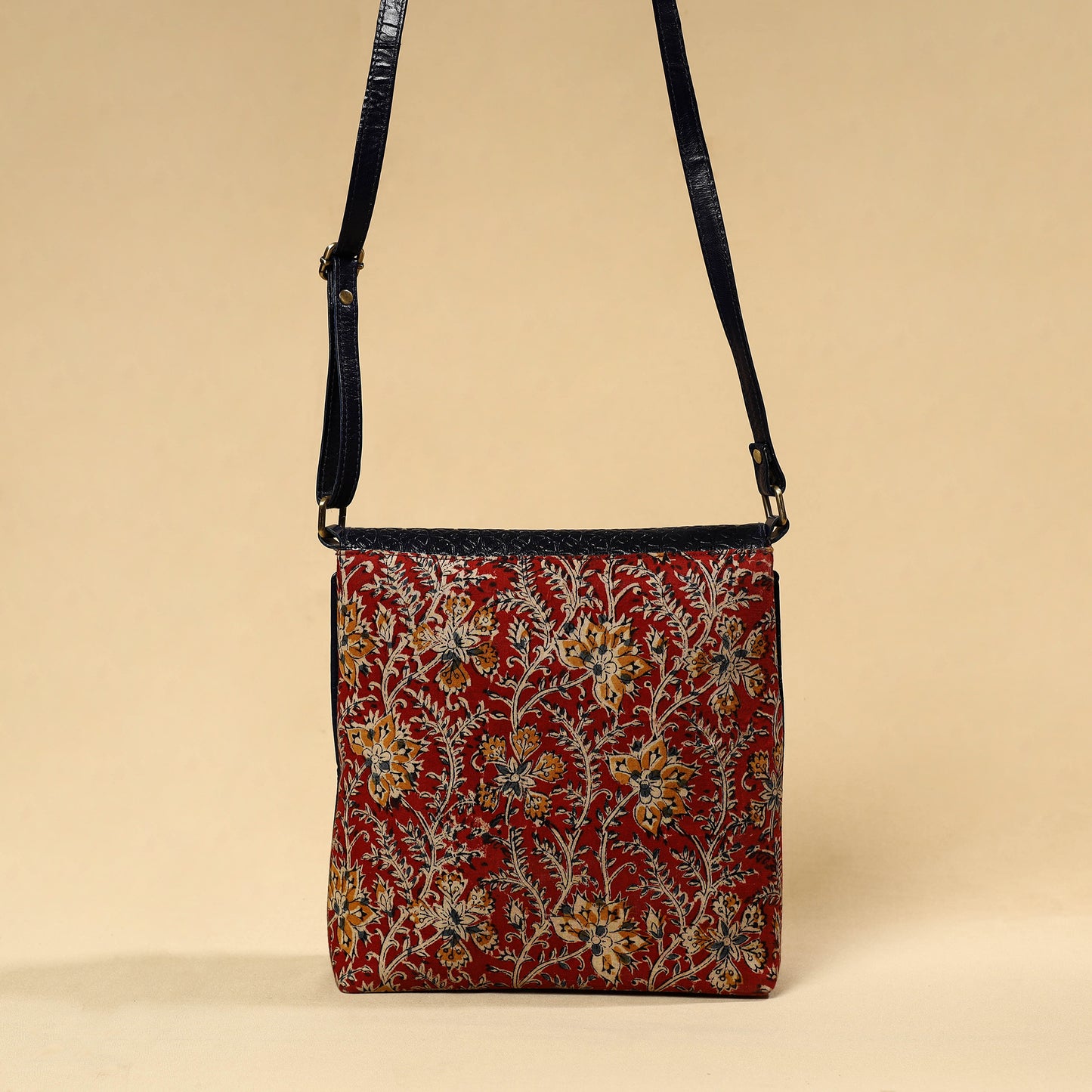 Ajrakh Block Print Sling Bag with Embossed Leather Flap 11