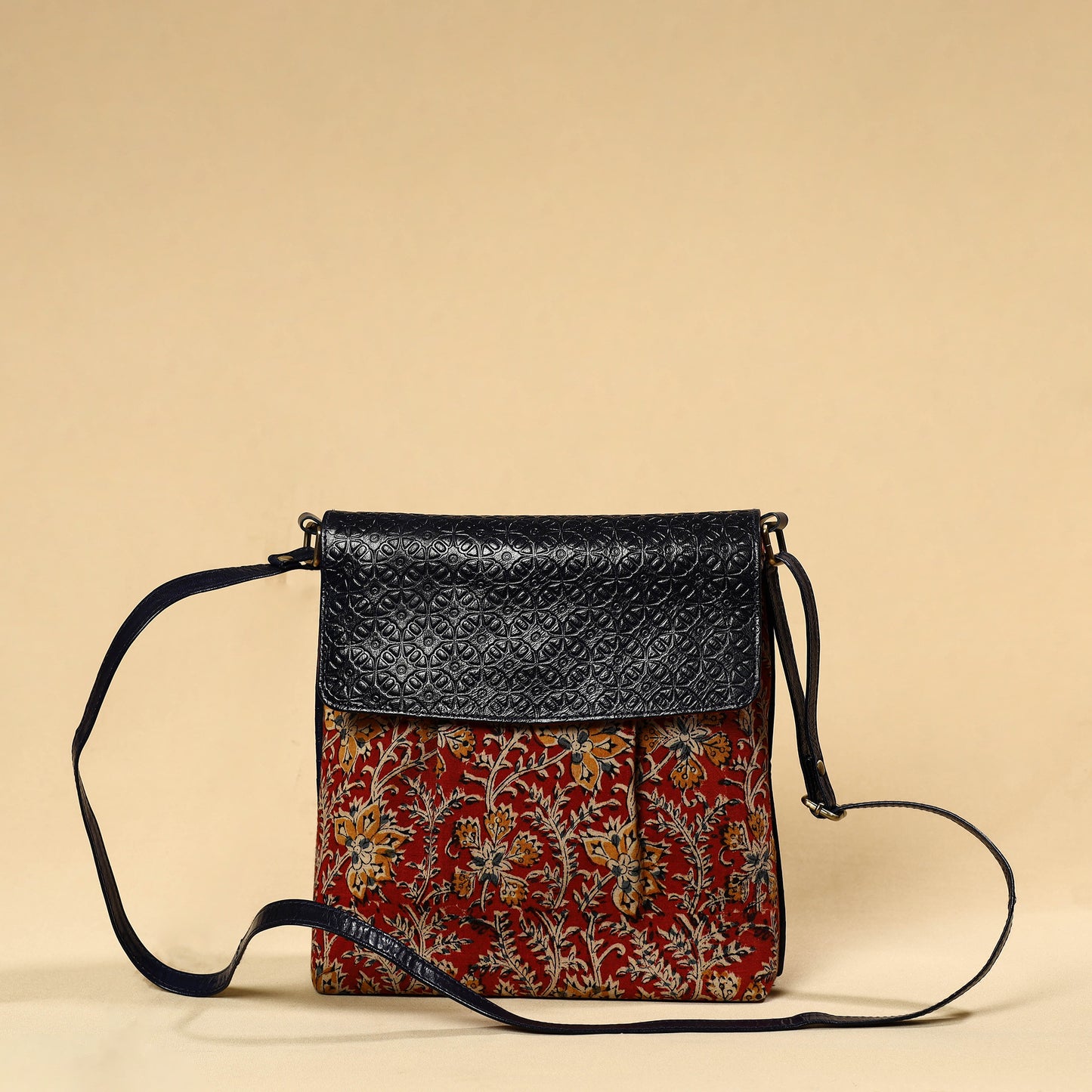 Ajrakh Block Print Sling Bag with Embossed Leather Flap 11