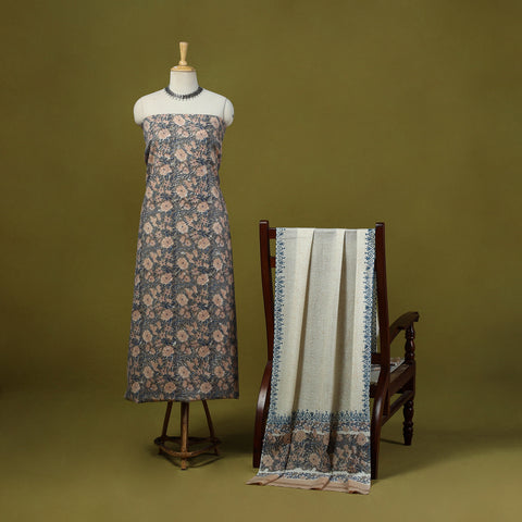Merino Wool Block Print Sanganeri 3pc Unstitched Dress Material 13
