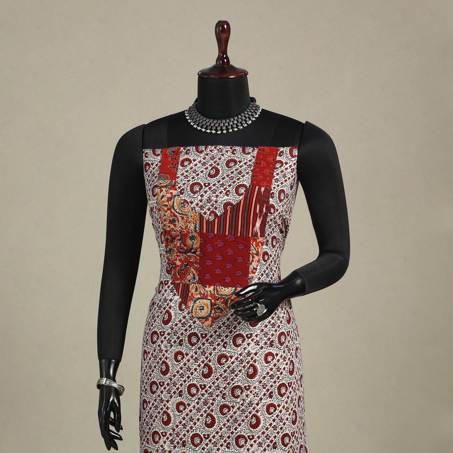 Beige - bagh patchwork cotton unstitched kurta material