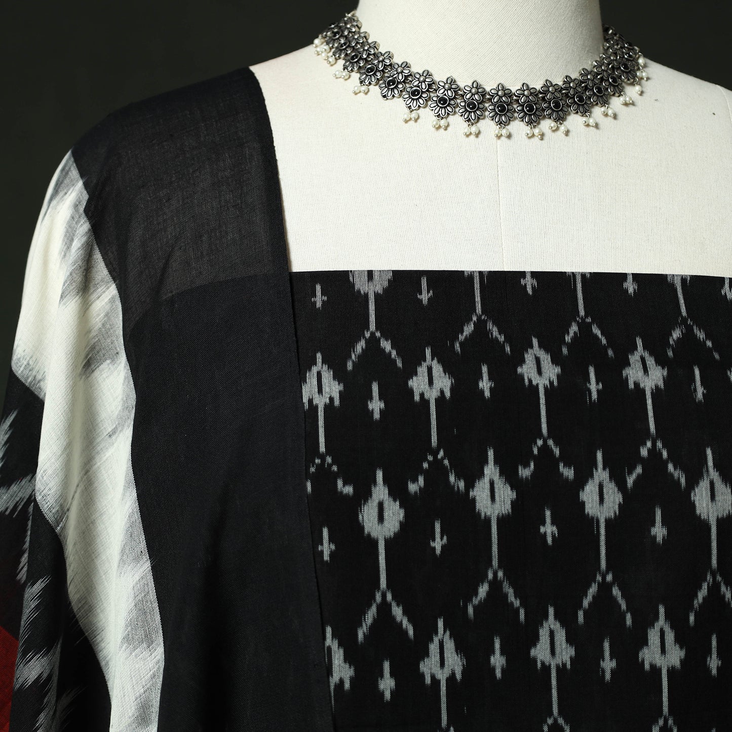 Black - Pochampally Ikat Mercerised Cotton 2pc Unstitched Dress Material Kurta Set 39