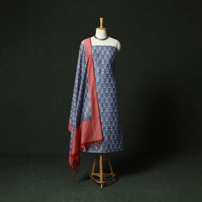 Blue - Pochampally Ikat Mercerised Cotton 2pc Unstitched Dress Material Kurta Set 40