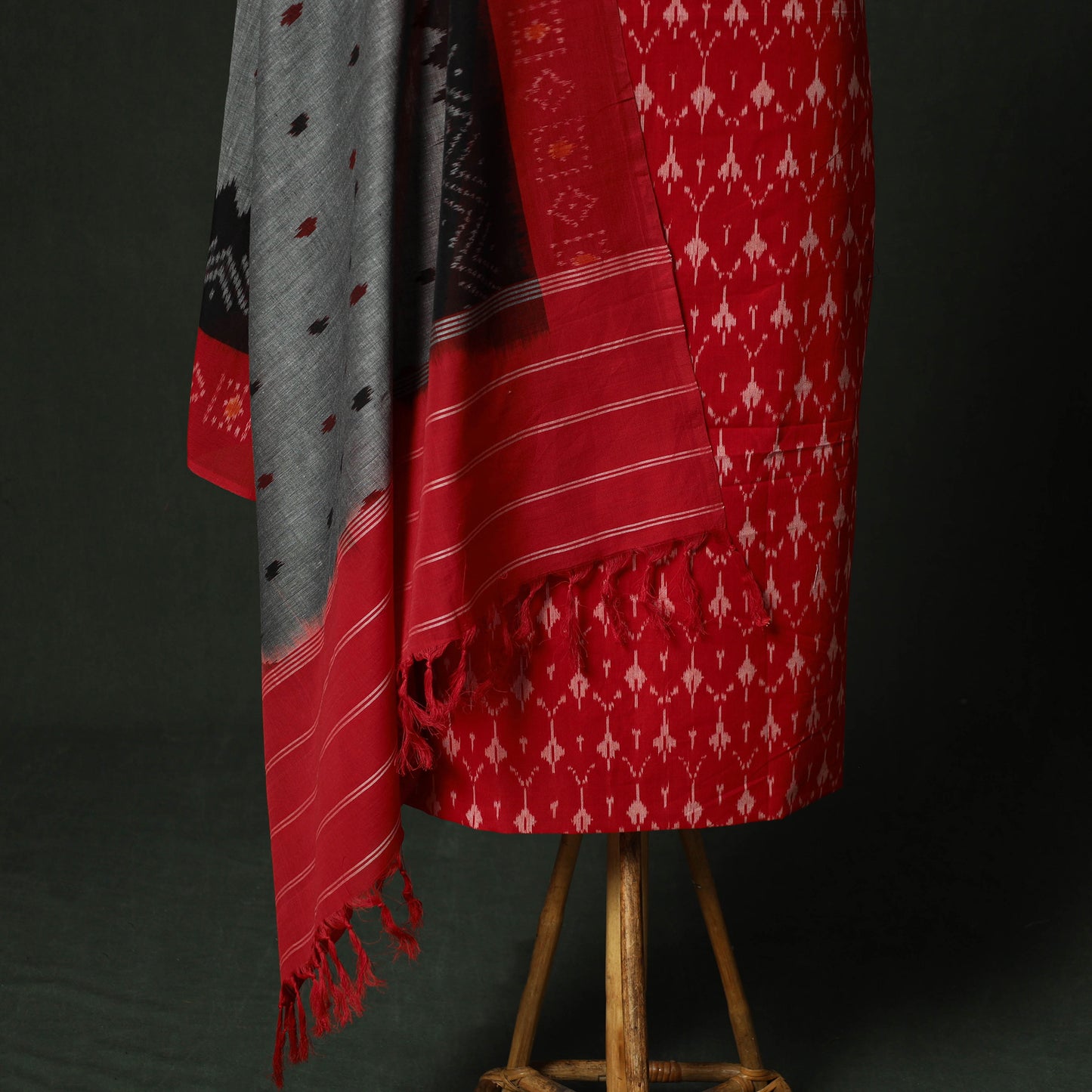Red - Pochampally Ikat Mercerised Cotton 2pc Unstitched Dress Material Kurta Set 42