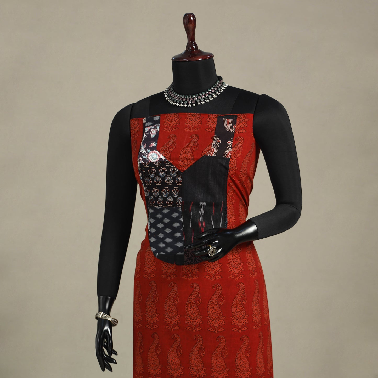 Red - bagh patchwork cotton unstitched kurta material (3m)