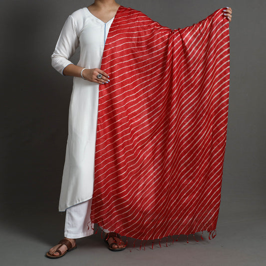 Red - Traditional Leheriya Tie-Dye Pure Tussar Silk Handloom Dupatta