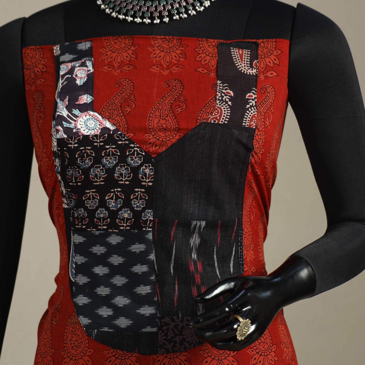 Red - bagh patchwork cotton unstitched kurta material (3m)