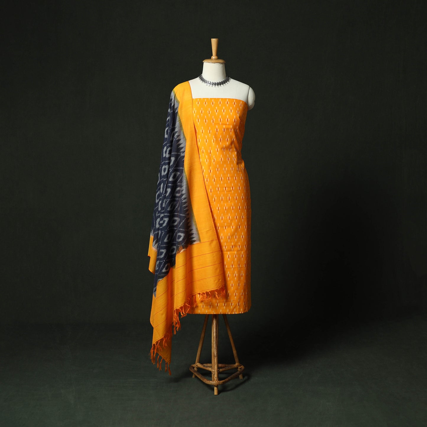 Yellow - Pochampally Ikat Mercerised Cotton 2pc Unstitched Dress Material Kurta Set 43
