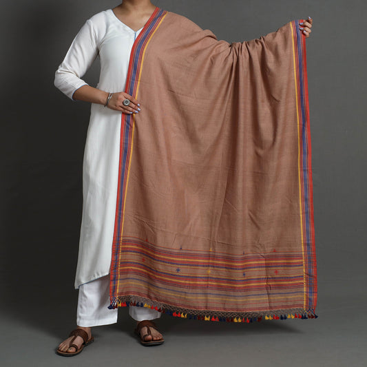 Brown - Kutch Bhujodi Weaving Handwoven Cotton Dupatta with Tassels