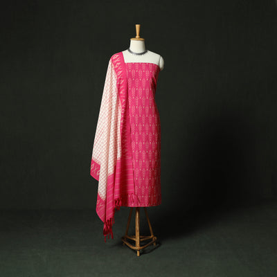 Pink - Pochampally Ikat Mercerised Cotton 2pc Unstitched Dress Material Kurta Set 45