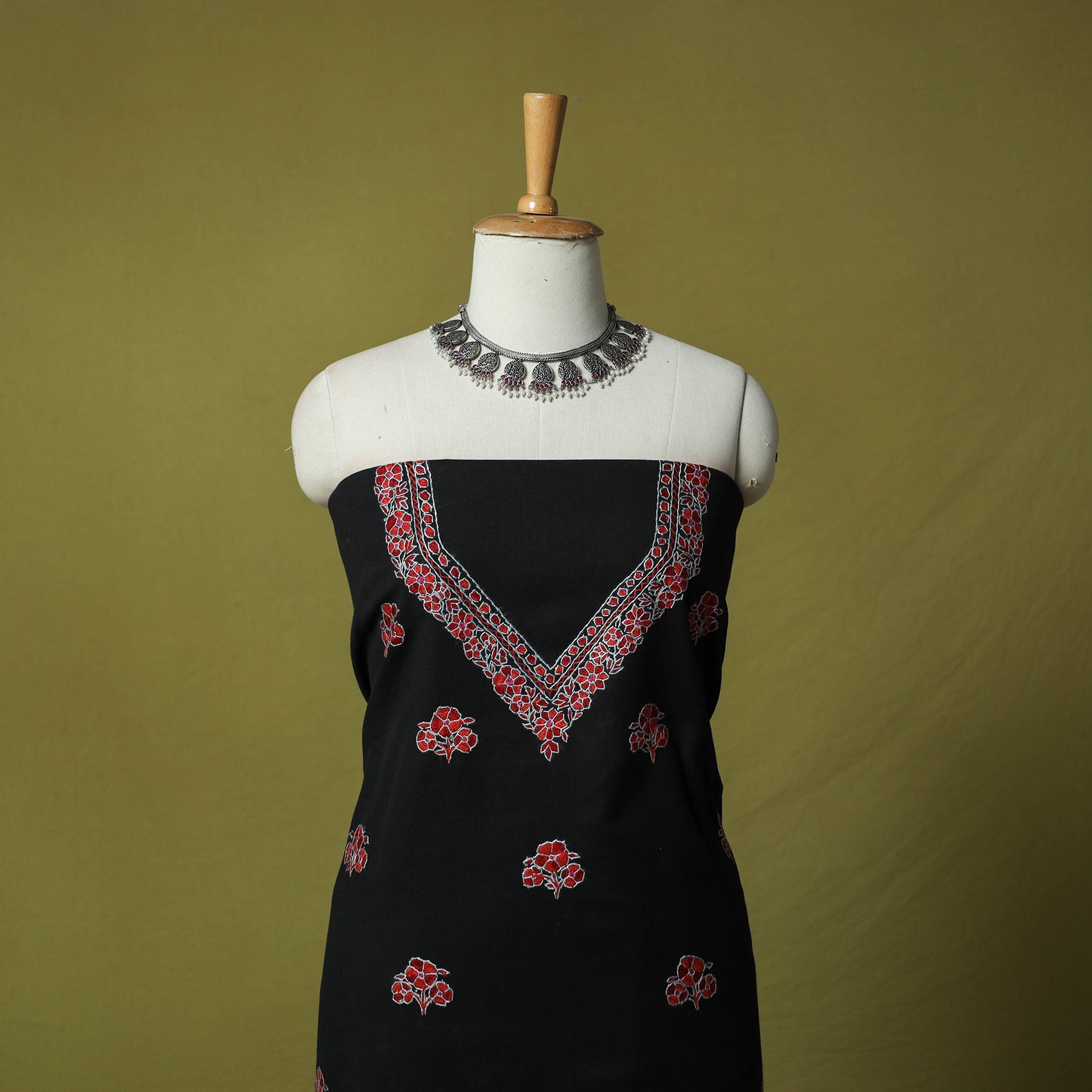 Black - Hand Embroidered Cotton Kashida 2pc Unstitched Dress Material Kurta Set 05