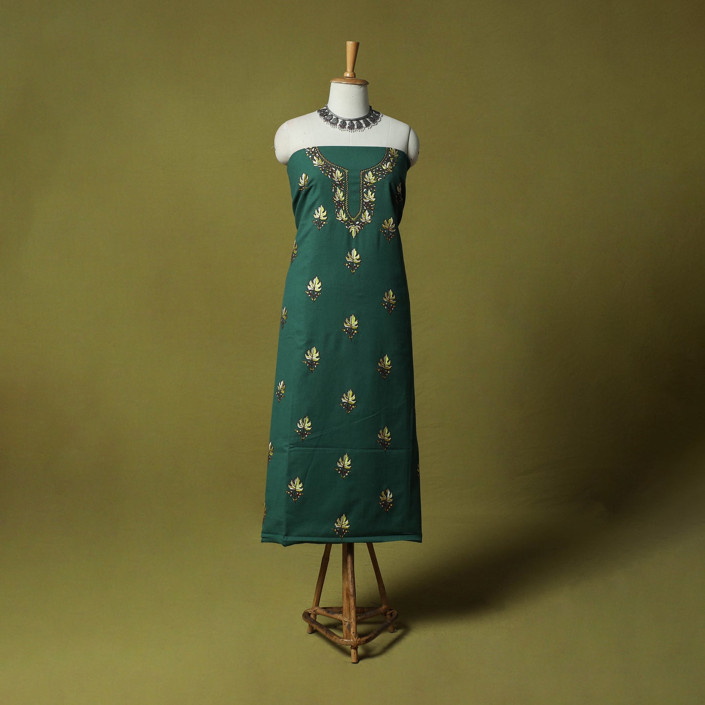 Green - Hand Embroidered Cotton Kashida 2pc Unstitched Dress Material Kurta Set 01