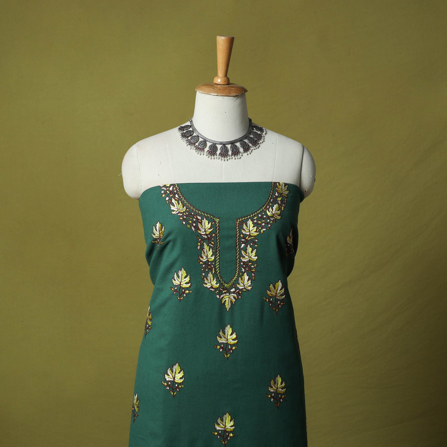 Green - Hand Embroidered Cotton Kashida 2pc Unstitched Dress Material Kurta Set 01