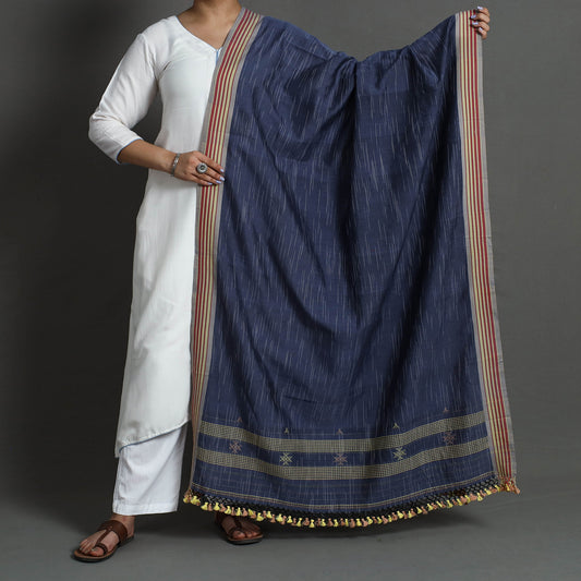 Blue - Kutch Bhujodi Weaving Handwoven Cotton Dupatta with Tassels