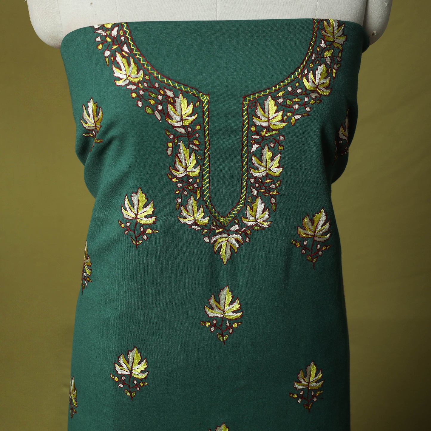 Green - Hand Embroidered Cotton Kashida 2pc Unstitched Dress Material Kurta Set 01
