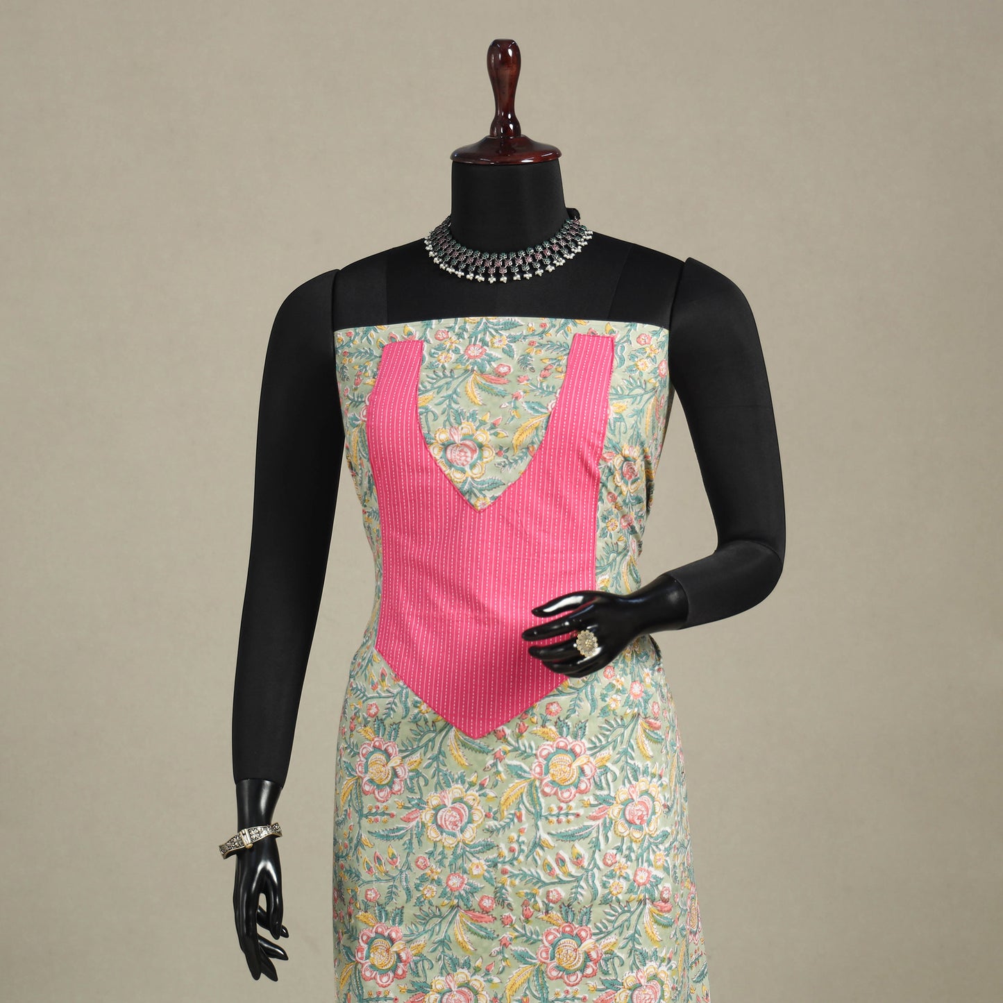 Green - sanganeri patchwork cotton unstitched kurta