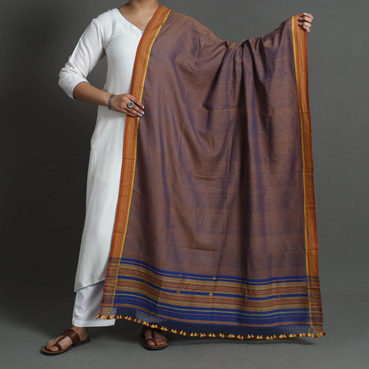 Brown - Kutch Bhujodi Weaving Handwoven Cotton Dupatta with Tassels