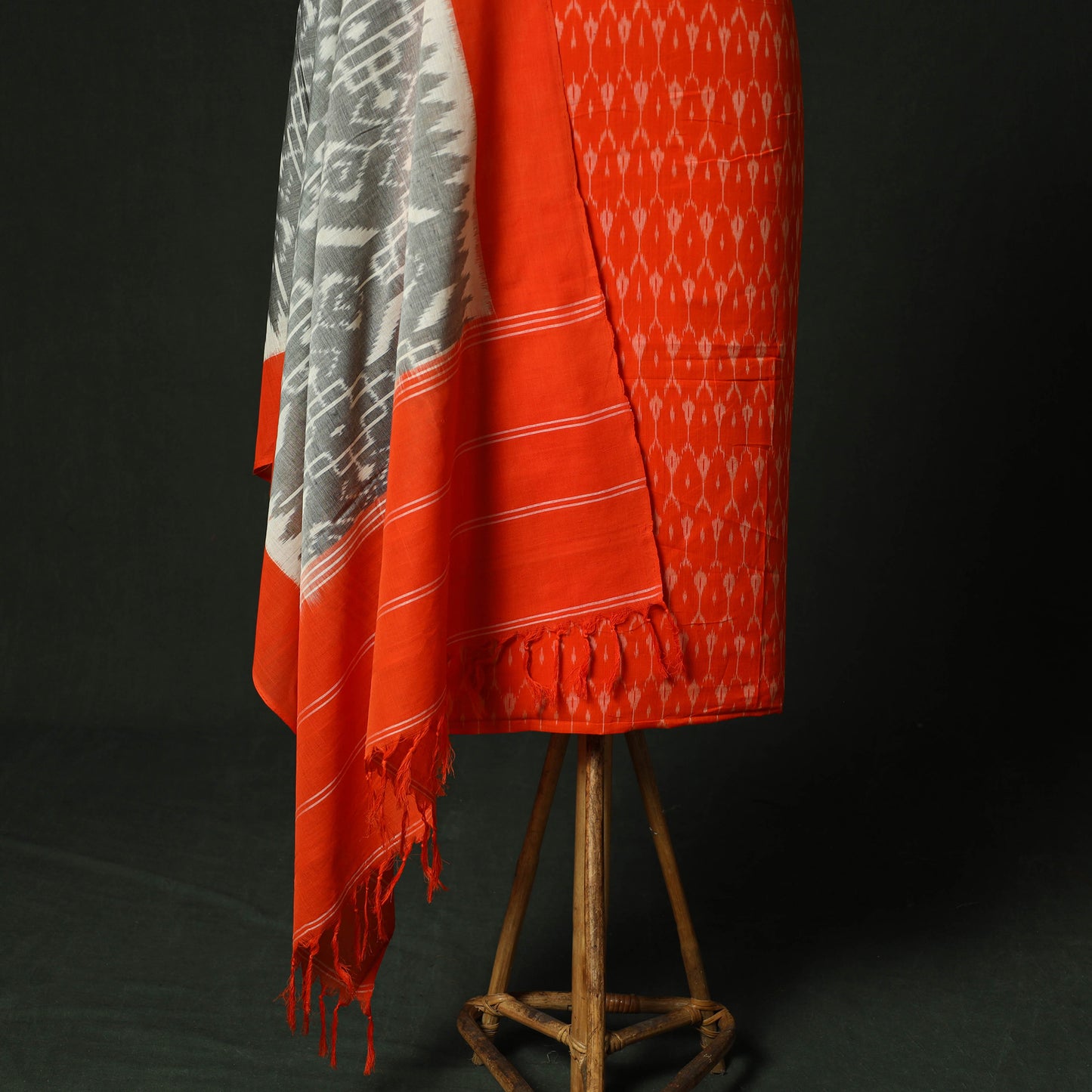 Orange - Pochampally Ikat Mercerised Cotton 2pc Unstitched Dress Material Kurta Set 48