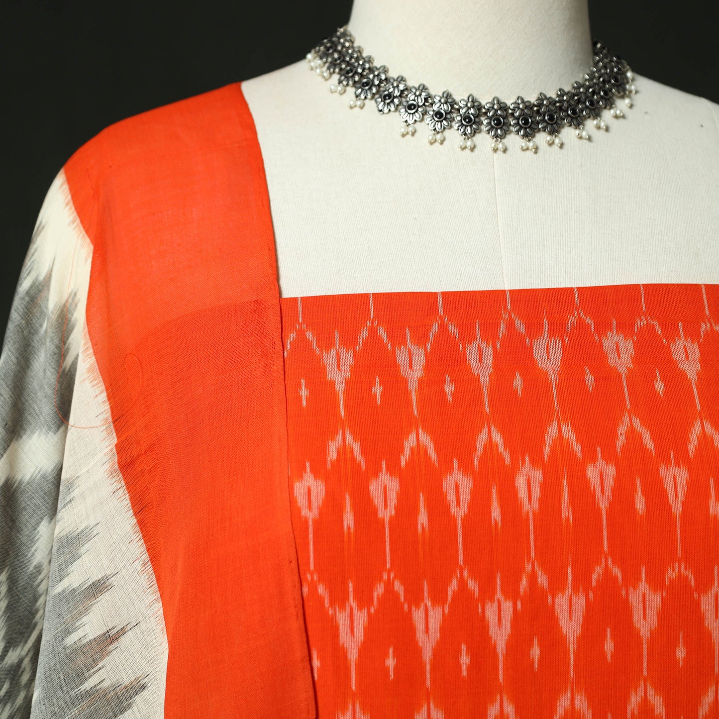 Orange - Pochampally Ikat Mercerised Cotton 2pc Unstitched Dress Material Kurta Set 48