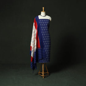 Blue - Pochampally Ikat Mercerised Cotton 2pc Unstitched Dress Material Kurta Set 49