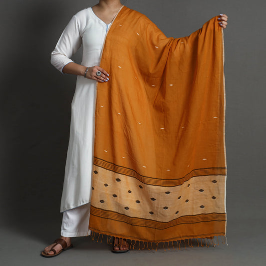 Brown - Burdwan Jamdani Buti Handloom Cotton Dupatta with Tassels