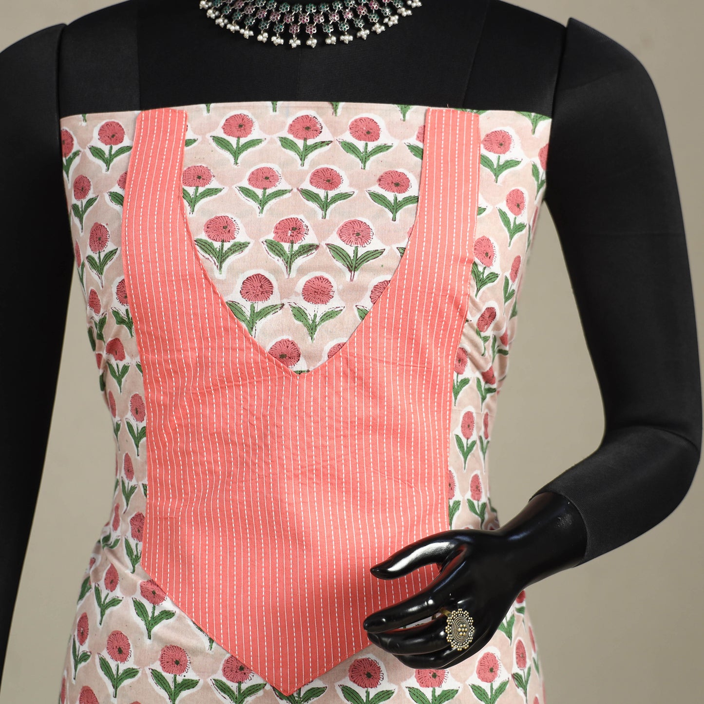 Beige - sanganeri patchwork cotton unstitched kurta