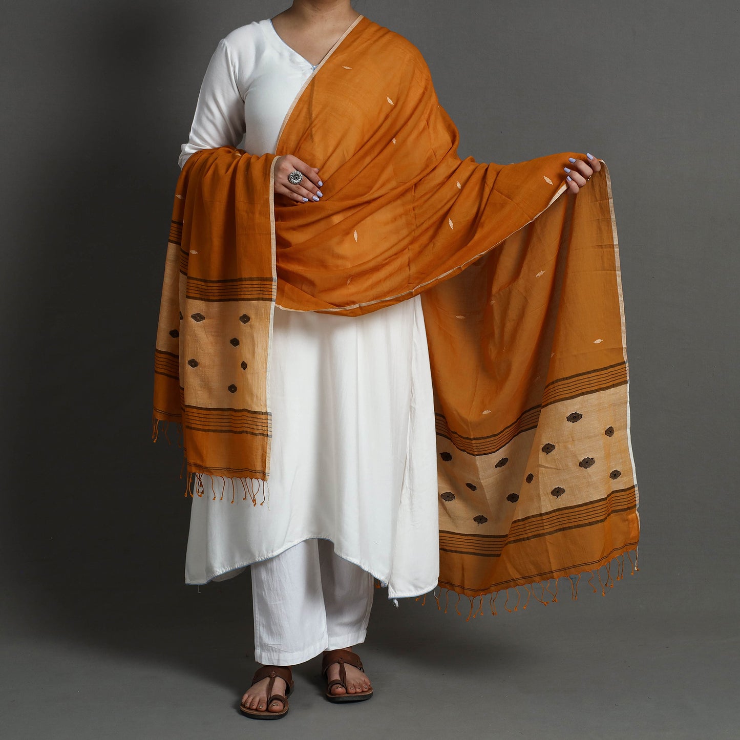 Brown - Burdwan Jamdani Buti Handloom Cotton Dupatta with Tassels