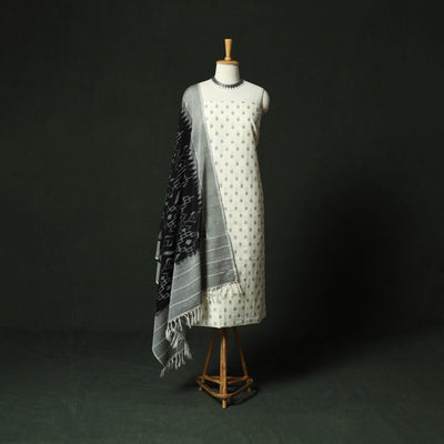 White - Pochampally Ikat Mercerised Cotton 2pc Unstitched Dress Material Kurta Set 51