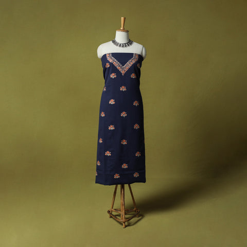 Blue - Hand Embroidered Cotton Kashida 2pc Unstitched Dress Material Kurta Set 06