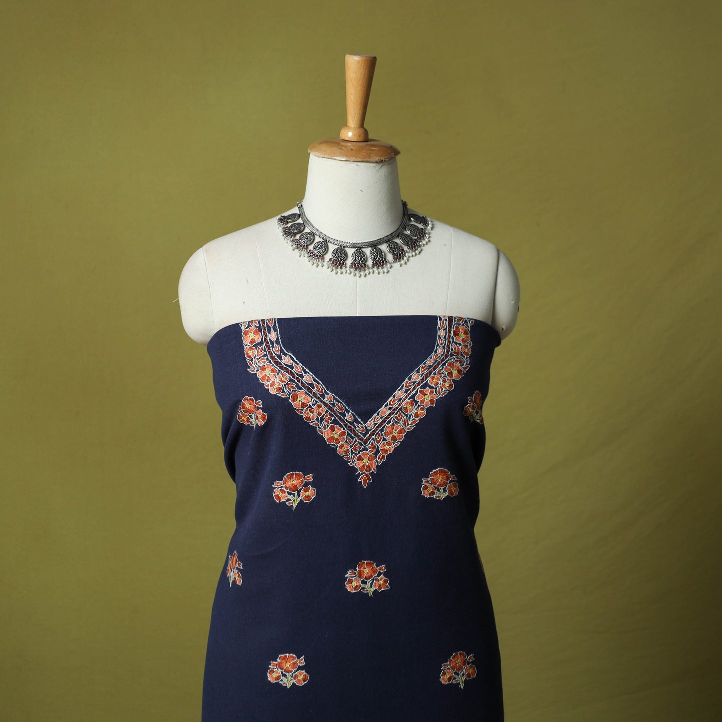 Blue - Hand Embroidered Cotton Kashida 2pc Unstitched Dress Material Kurta Set 06