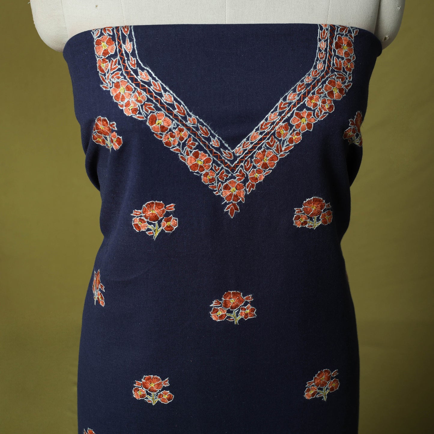 Blue - Hand Embroidered Cotton Kashida 2pc Unstitched Dress Material Kurta Set 06