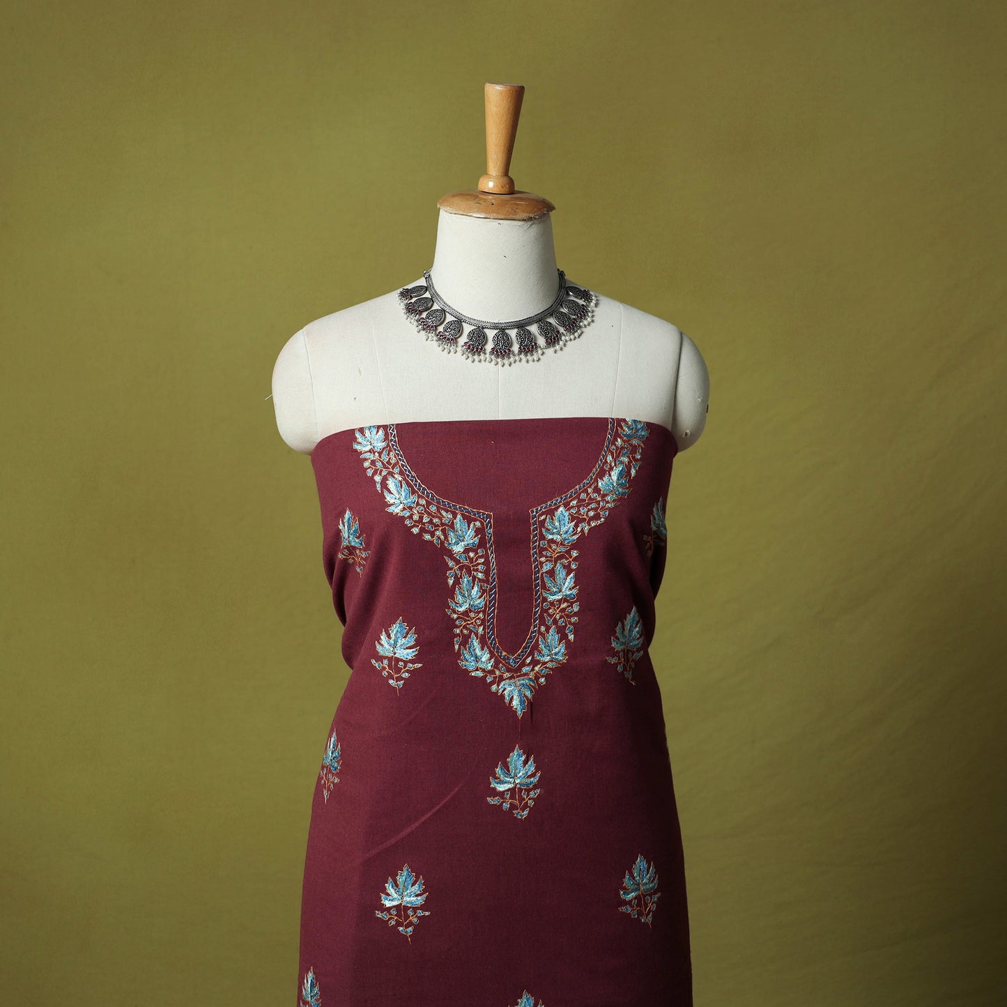 Maroon - Hand Embroidered Cotton Kashida 2pc Unstitched Dress Material Kurta Set 07