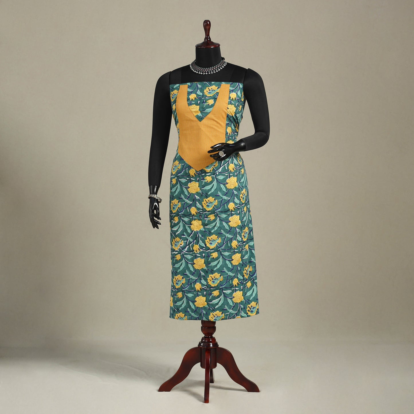 Green - sanganeri patchwork cotton unstitched kurta