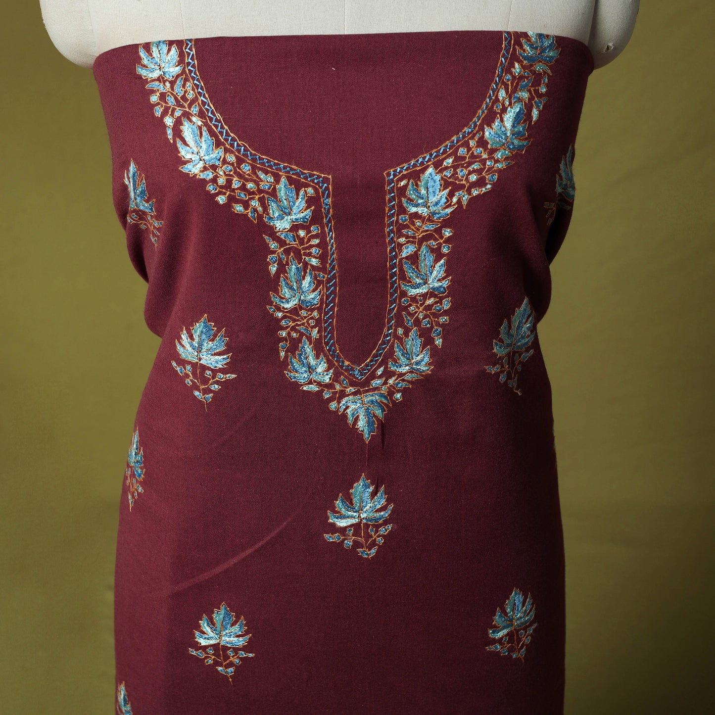 Maroon - Hand Embroidered Cotton Kashida 2pc Unstitched Dress Material Kurta Set 07