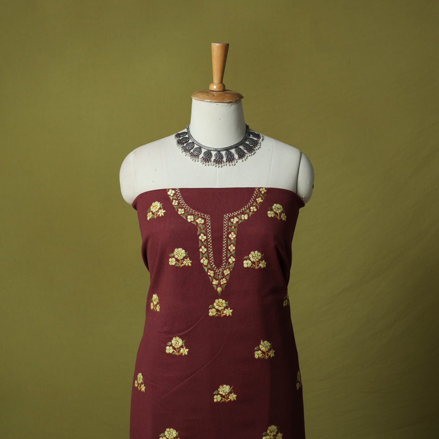 Maroon - Hand Embroidered Cotton Kashida 2pc Unstitched Dress Material Kurta Set 08