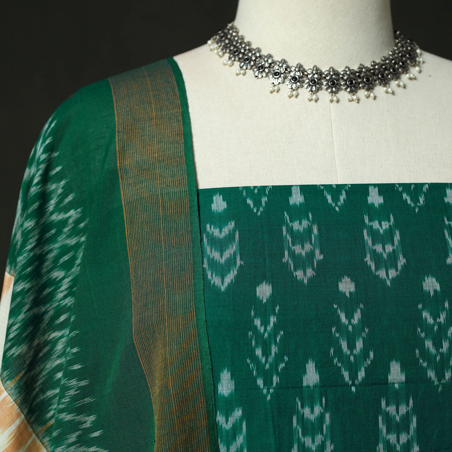 Green - Pochampally Ikat Mercerised Cotton 2pc Unstitched Dress Material Kurta Set 56