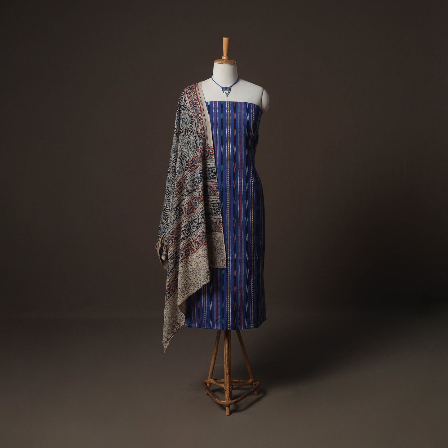 Pochampally Ikat Cotton 2pc Unstitched Dress Material Kurta Set with Jewellery 07